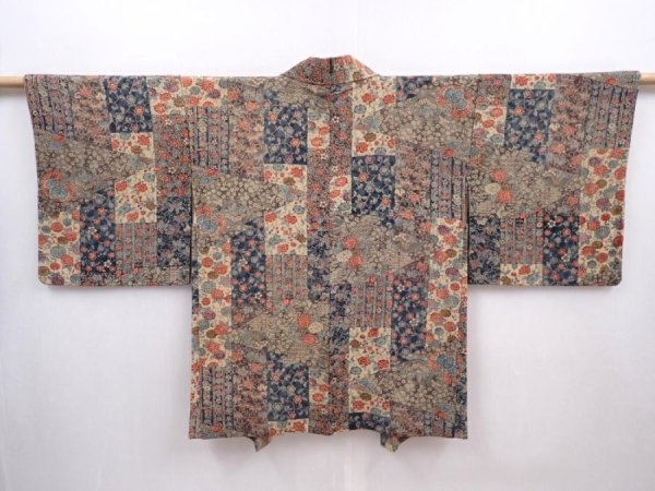 Photo1: 6109T05z540 Vintage Japanese Kimono Crepe Silk HAORI Flowers Bronw-Gray (1)