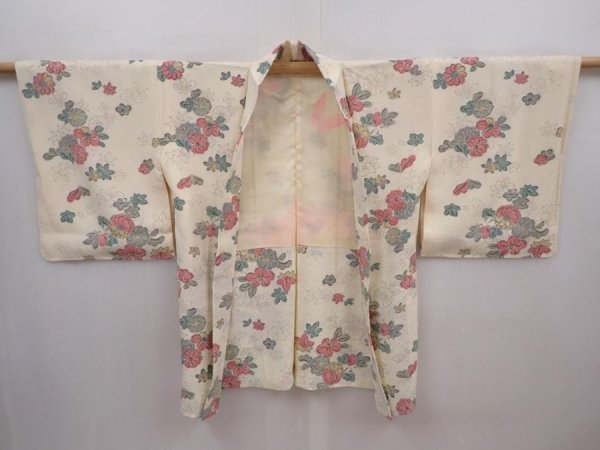 Photo5: 6109T06z500 Vintage Japanese Kimono Silk HAORI Flowers Off-white (5)
