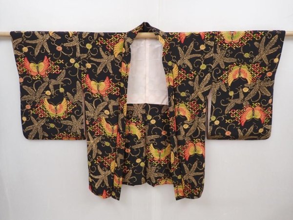 Photo5: 6109T08z570 Vintage Japanese Kimono Silk HAORI Butterfly Black (5)
