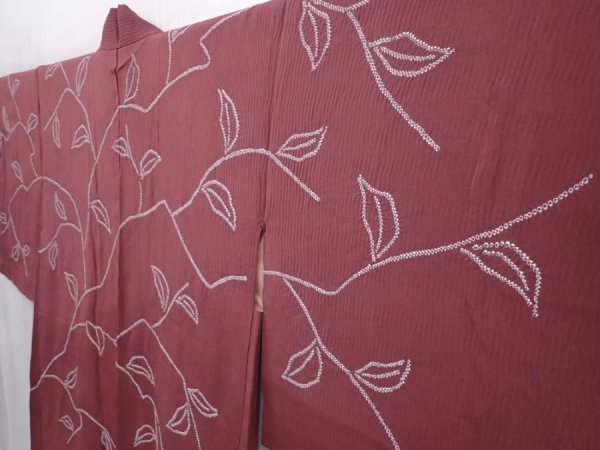 Photo2: 6109T10z520 Vintage Japanese Kimono Silk HAORI Branch Wine red (2)