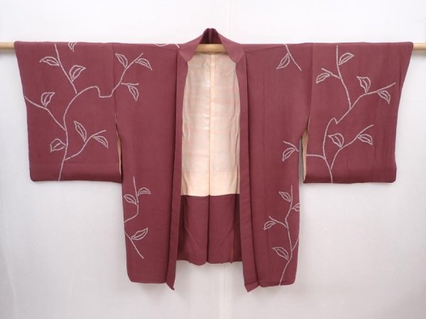 Photo5: 6109T10z520 Vintage Japanese Kimono Silk HAORI Branch Wine red (5)