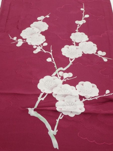 Photo1: 3i01z60  Japanese Kimono Silk  FABRIC Plum branch Wine red 43.3x14.4 (1)