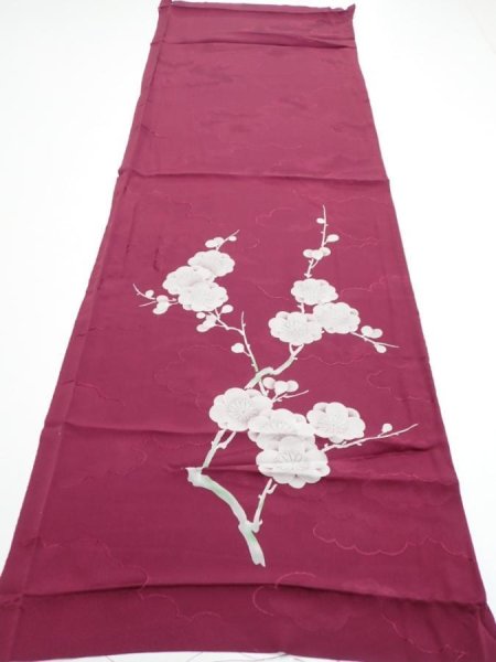 Photo5: 3i01z60  Japanese Kimono Silk  FABRIC Plum branch Wine red 43.3x14.4 (5)