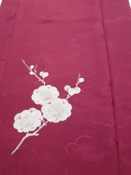 Photo1: 3i03z90  Japanese Kimono Silk  FABRIC Plum branch Wine red 67.7x14.4 (1)