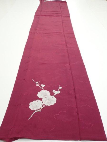 Photo5: 3i03z90  Japanese Kimono Silk  FABRIC Plum branch Wine red 67.7x14.4 (5)