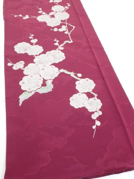 Photo2: 3i04z90  Japanese Kimono Silk  FABRIC Plum branch Wine red 68.5x14.4 (2)