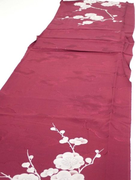 Photo3: 3i04z90  Japanese Kimono Silk  FABRIC Plum branch Wine red 68.5x14.4 (3)