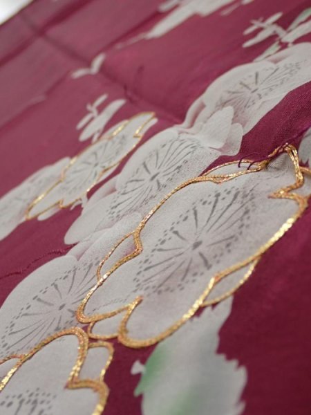 Photo2: 3i06z90  Japanese Kimono Silk  FABRIC Plum branch Wine red 67.7x14.4 (2)