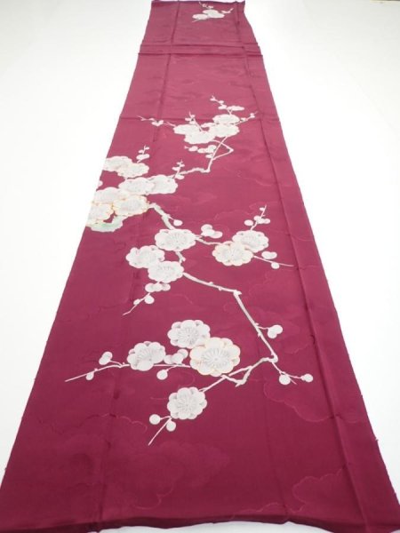 Photo3: 3i06z90  Japanese Kimono Silk  FABRIC Plum branch Wine red 67.7x14.4 (3)