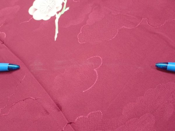 Photo6: 3i06z90  Japanese Kimono Silk  FABRIC Plum branch Wine red 67.7x14.4 (6)