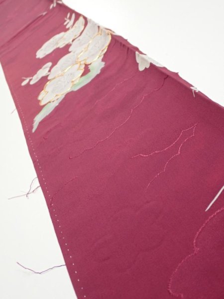 Photo1: 3i07z40  Japanese Kimono Silk  FABRIC Plum branch Wine red 56.7x7.5 (1)