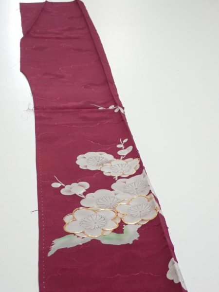 Photo3: 3i07z40  Japanese Kimono Silk  FABRIC Plum branch Wine red 56.7x7.5 (3)