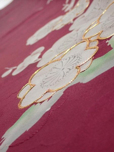 Photo4: 3i07z40  Japanese Kimono Silk  FABRIC Plum branch Wine red 56.7x7.5 (4)