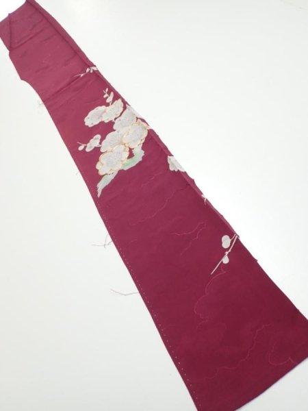 Photo5: 3i07z40  Japanese Kimono Silk  FABRIC Plum branch Wine red 56.7x7.5 (5)