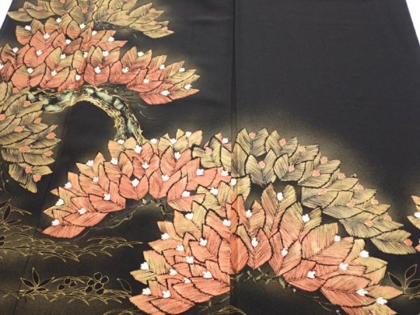 Photo1: 3i02z230  Japanese Kimono Silk  FABRIC Pine Black 58.3x28.3 (1)