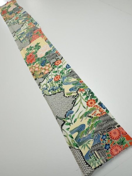 Photo5: 3i07z40  Japanese Kimono Silk  FABRIC Flowers Off-white 59.1x7.3 (5)