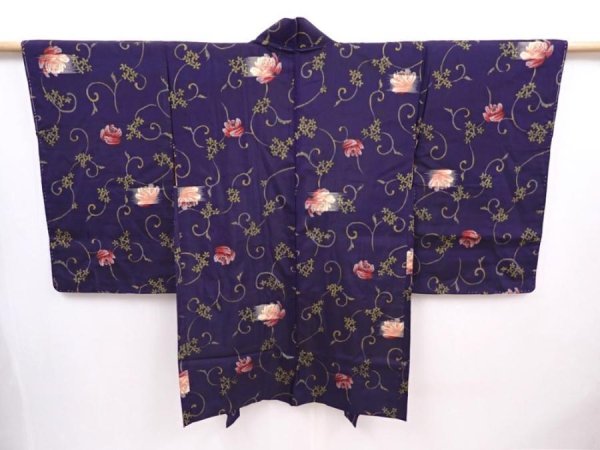 Photo1: 6113T02z490 Antique Japanese Kimono Silk MEISEN HAORI Flower Navy-Purple (1)