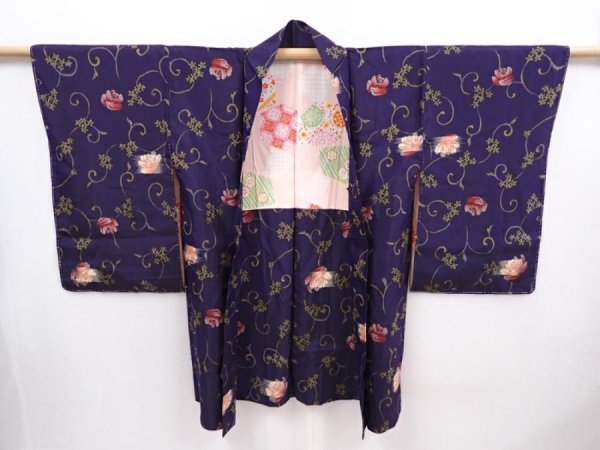 Photo7: 6113T02z490 Antique Japanese Kimono Silk MEISEN HAORI Flower Navy-Purple (7)