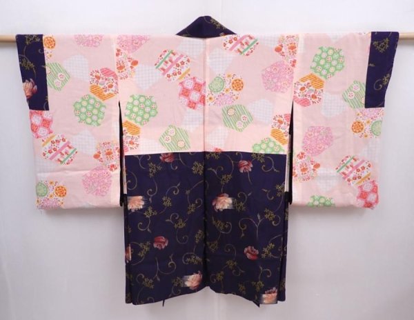 Photo8: 6113T02z490 Antique Japanese Kimono Silk MEISEN HAORI Flower Navy-Purple (8)