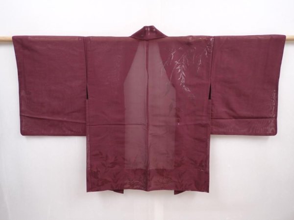Photo1: 6113T04z220 Vintage Japanese Kimono Silk See through HAORI Leaf Purple-Brown (1)