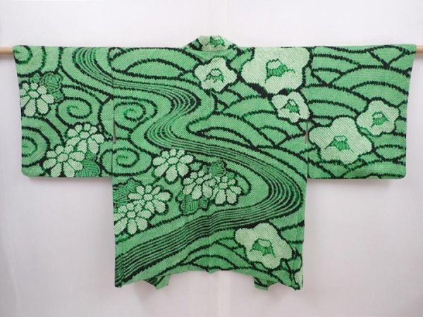 Photo1: 6113T05z620 Vintage Japanese Kimono Silk SHIBORI HAORI Flowers Green (1)