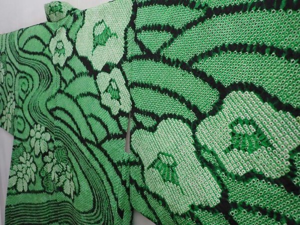 Photo2: 6113T05z620 Vintage Japanese Kimono Silk SHIBORI HAORI Flowers Green (2)