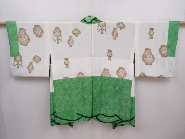 Photo8: 6113T05z620 Vintage Japanese Kimono Silk SHIBORI HAORI Flowers Green (8)