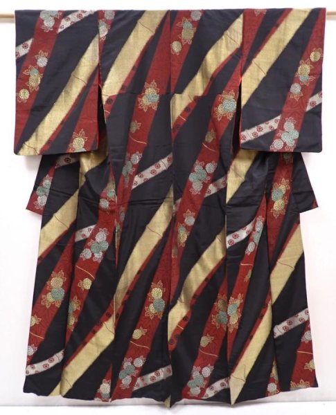 Photo1: 6113T07z890 Antique Japanese Kimono Silk KOMON Bamboo Black (1)