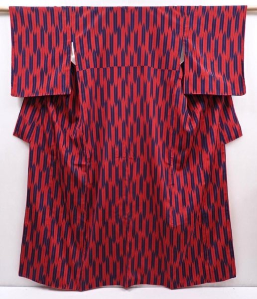 Photo1: 6113T08z910 Vintage Japanese Kimono Silk KOMON Yagasuri Dark red (1)