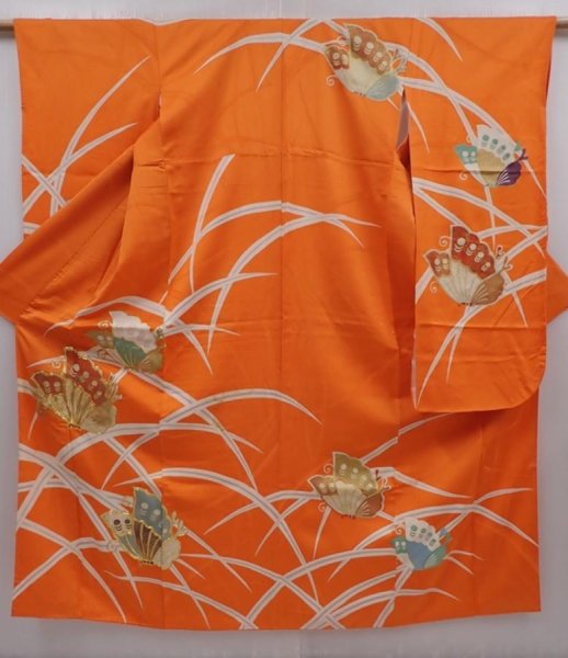 Photo1: 6113T11z920 Vintage Japanese Kimono Silk FURISODE Butterfly Dark orange (1)