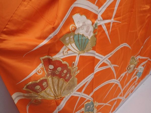 Photo3: 6113T11z920 Vintage Japanese Kimono Silk FURISODE Butterfly Dark orange (3)