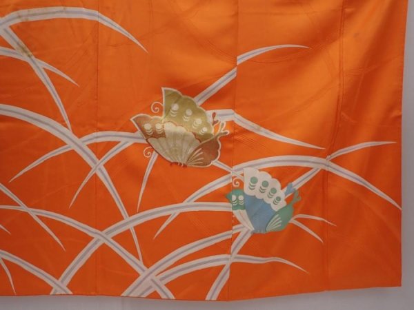 Photo7: 6113T11z920 Vintage Japanese Kimono Silk FURISODE Butterfly Dark orange (7)