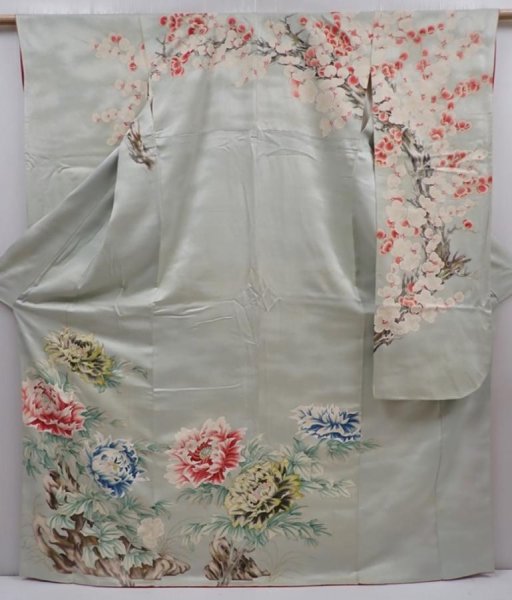 Photo1: 6113T13z1220 Vintage Japanese Kimono Silk FURISODE Peony Sage green (1)