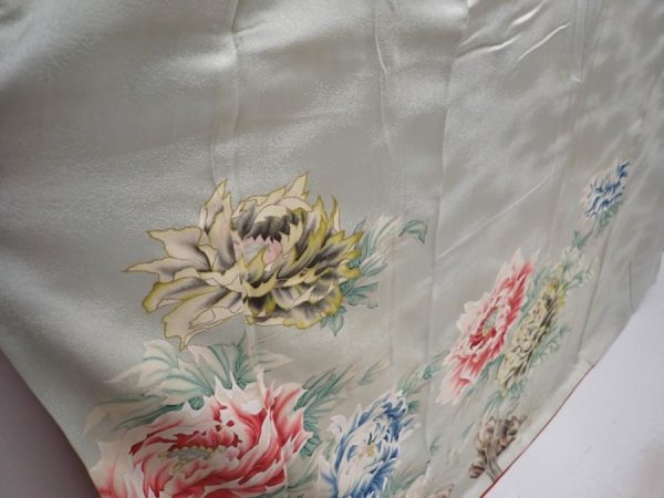 Photo3: 6113T13z1220 Vintage Japanese Kimono Silk FURISODE Peony Sage green (3)