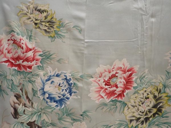 Photo8: 6113T13z1220 Vintage Japanese Kimono Silk FURISODE Peony Sage green (8)