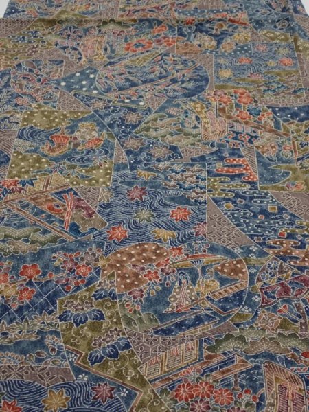 Photo1: 3i01z60  Japanese Kimono Silk  FABRIC Heian noble Navy 40.9x14.6 (1)