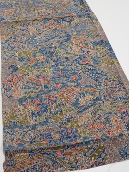Photo2: 3i01z60  Japanese Kimono Silk  FABRIC Heian noble Navy 40.9x14.6 (2)