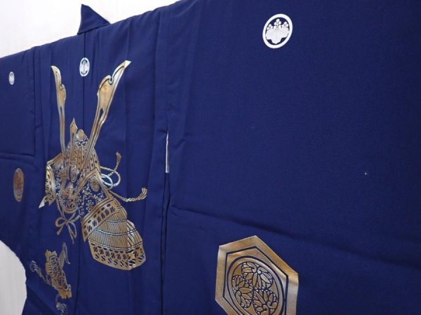 Photo2: 6114T01z400 Vintage Japanese Kimono Synthetic Boy's HAORI Kabuto Navy (2)