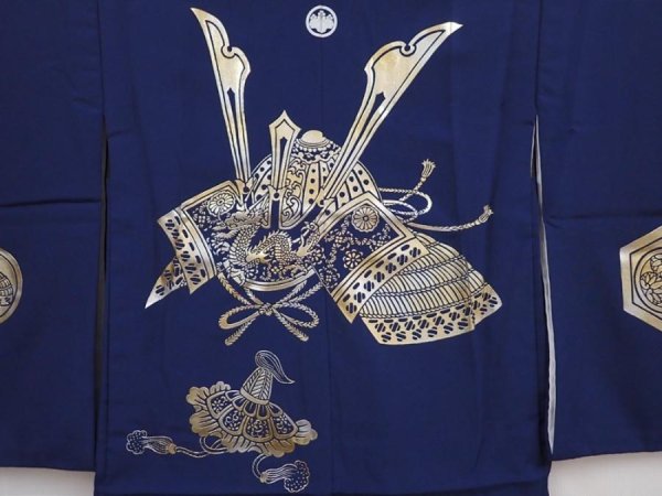 Photo3: 6114T01z400 Vintage Japanese Kimono Synthetic Boy's HAORI Kabuto Navy (3)