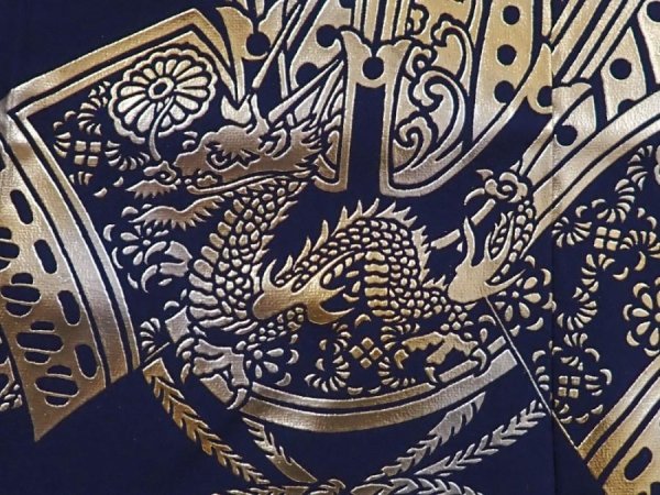 Photo4: 6114T01z400 Vintage Japanese Kimono Synthetic Boy's HAORI Kabuto Navy (4)