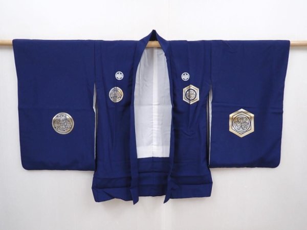 Photo6: 6114T01z400 Vintage Japanese Kimono Synthetic Boy's HAORI Kabuto Navy (6)