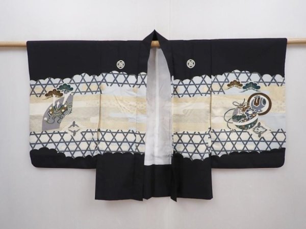 Photo6: 6114T02z350 Vintage Japanese Kimono Synthetic Boy's HAORI Hawk Black (6)