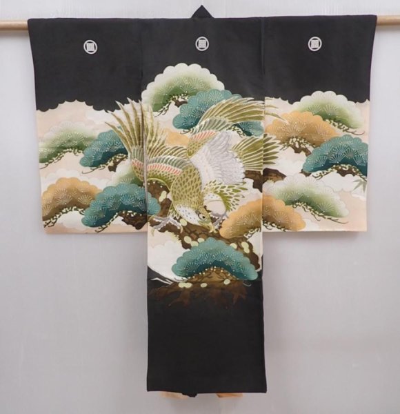 Photo1: 6114T03z270 Vintage Japanese Kimono Silk Boy's  Hawk Black (1)