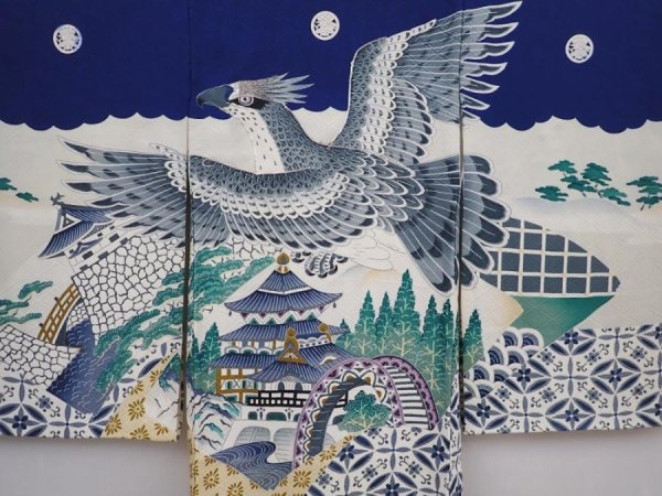 Photo3: 6114T04z330 Vintage Japanese Kimono Silk Boy's  Hawk Navy (3)