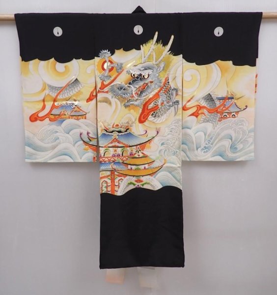 Photo1: 6114T05z300 Vintage Japanese Kimono Silk Boy's  Dragon Black (1)