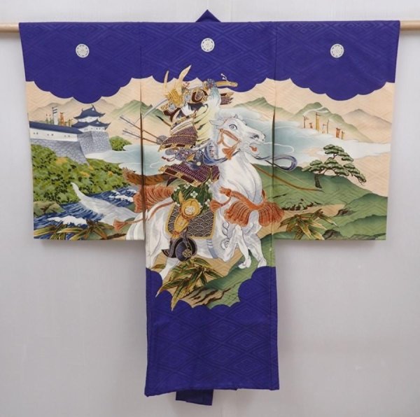 Photo1: 6114T06z400 Vintage Japanese Kimono Silk Boy's  Samurai Dark lavender blue (1)