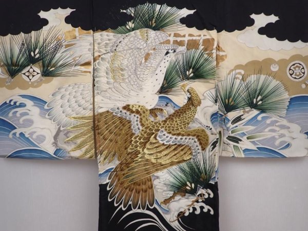 Photo3: 6114T07z310 Vintage Japanese Kimono Silk Boy's  Hawk Black (3)