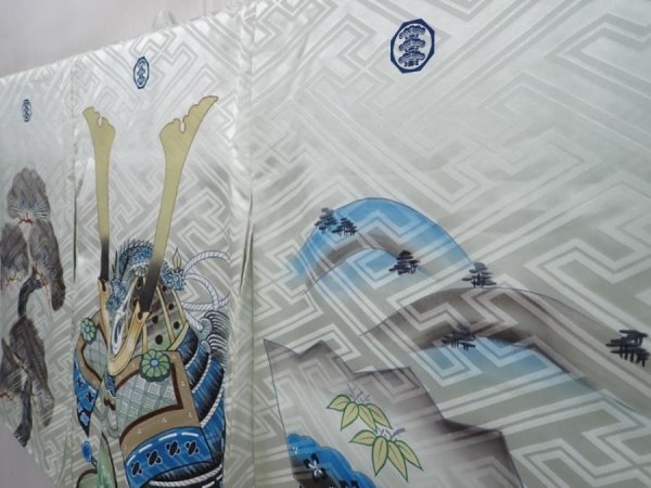 Photo2: 6114T08z410 Vintage Japanese Kimono Silk Boy's  Kabuto Soft green (2)