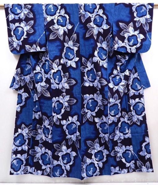 Photo1: 6114T12z450 Vintage Japanese Kimono Cotton YUKATA Flower Indigo (1)
