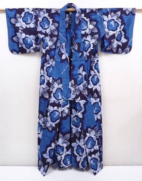 Photo8: 6114T12z450 Vintage Japanese Kimono Cotton YUKATA Flower Indigo (8)